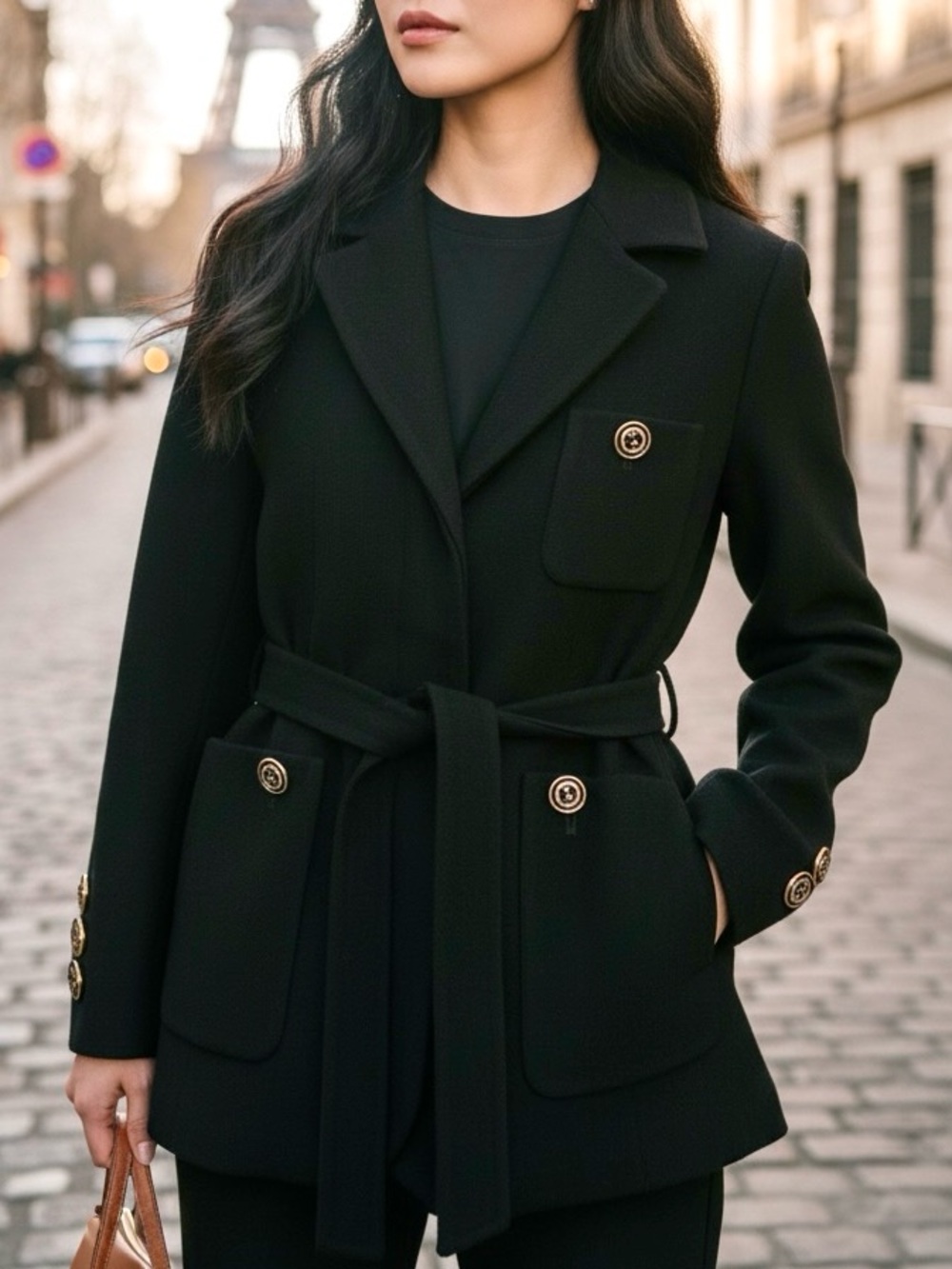 Gucci Black Belted Wool-Blend Single-Breasted Belted Blazer with Gold Buttons